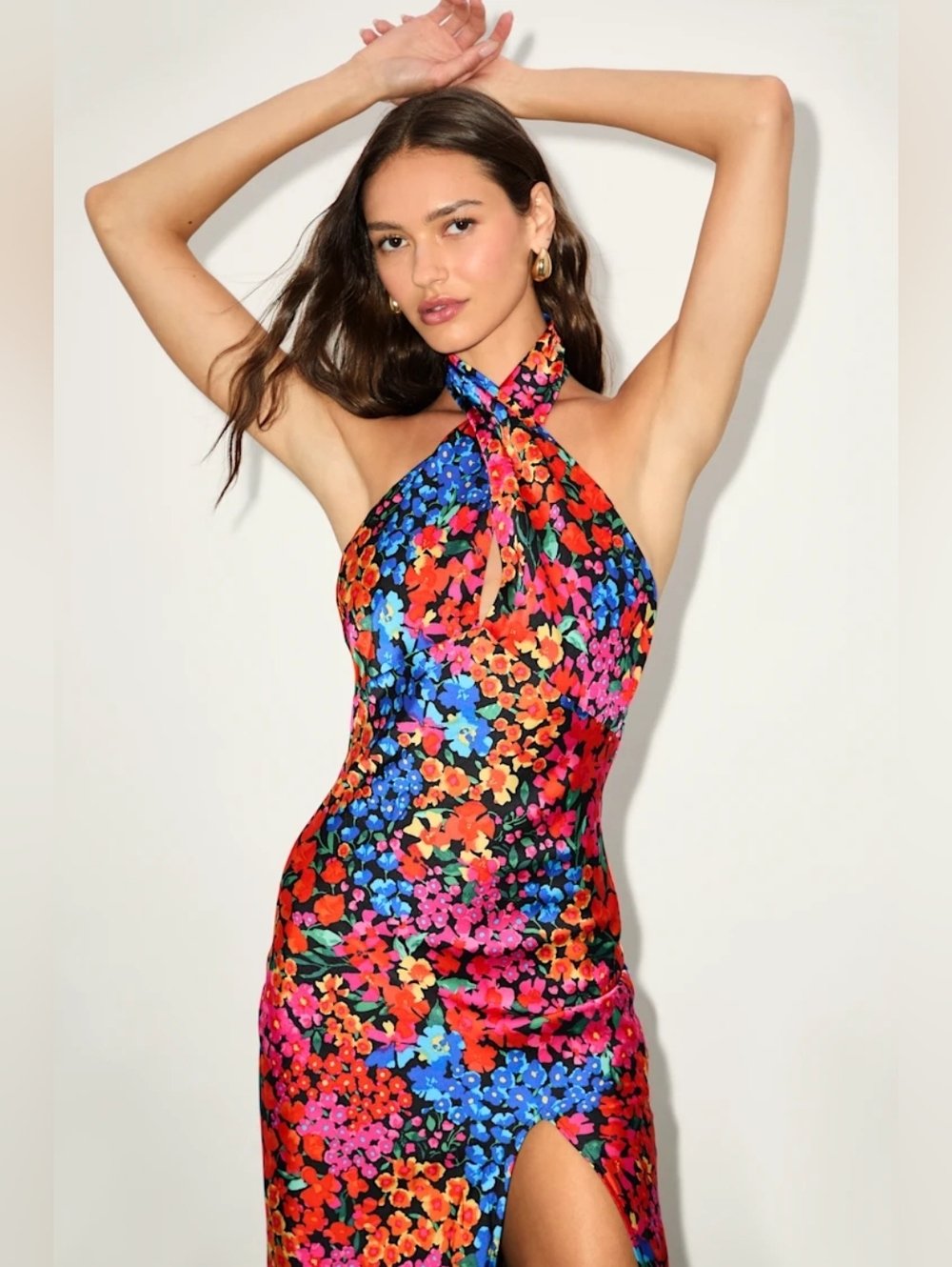 Lulu's Multicolor Floral Halter Midi Dress with High Slit - Picture 3 of 8